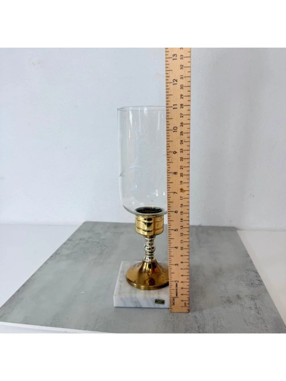 Vintage Italian Hurricane Candle Holder Set of 2 Brass Marble Etched Glass Pair